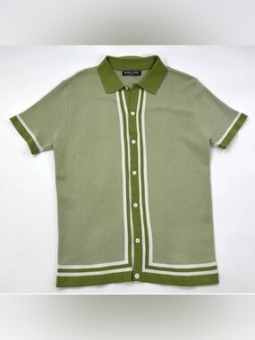 PJ Paul Jones Knit Polo Shirt Mens Medium Green Textured Retro 70s Style